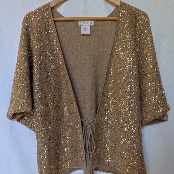 LaRok Gold Sequin Sweater Batwing Cardigan, Size Small - Picture 2 of 15